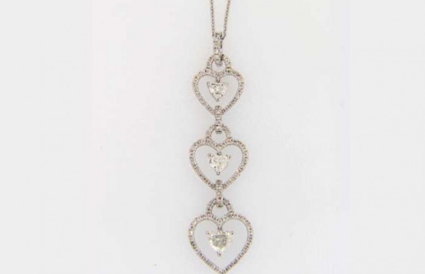 18k White Gold Triple Heart Diamond Pendant on a Diamonds-By-The-Yard Necklace