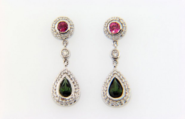 Green & Pink Tourmaline Diamond Drop Earrings
